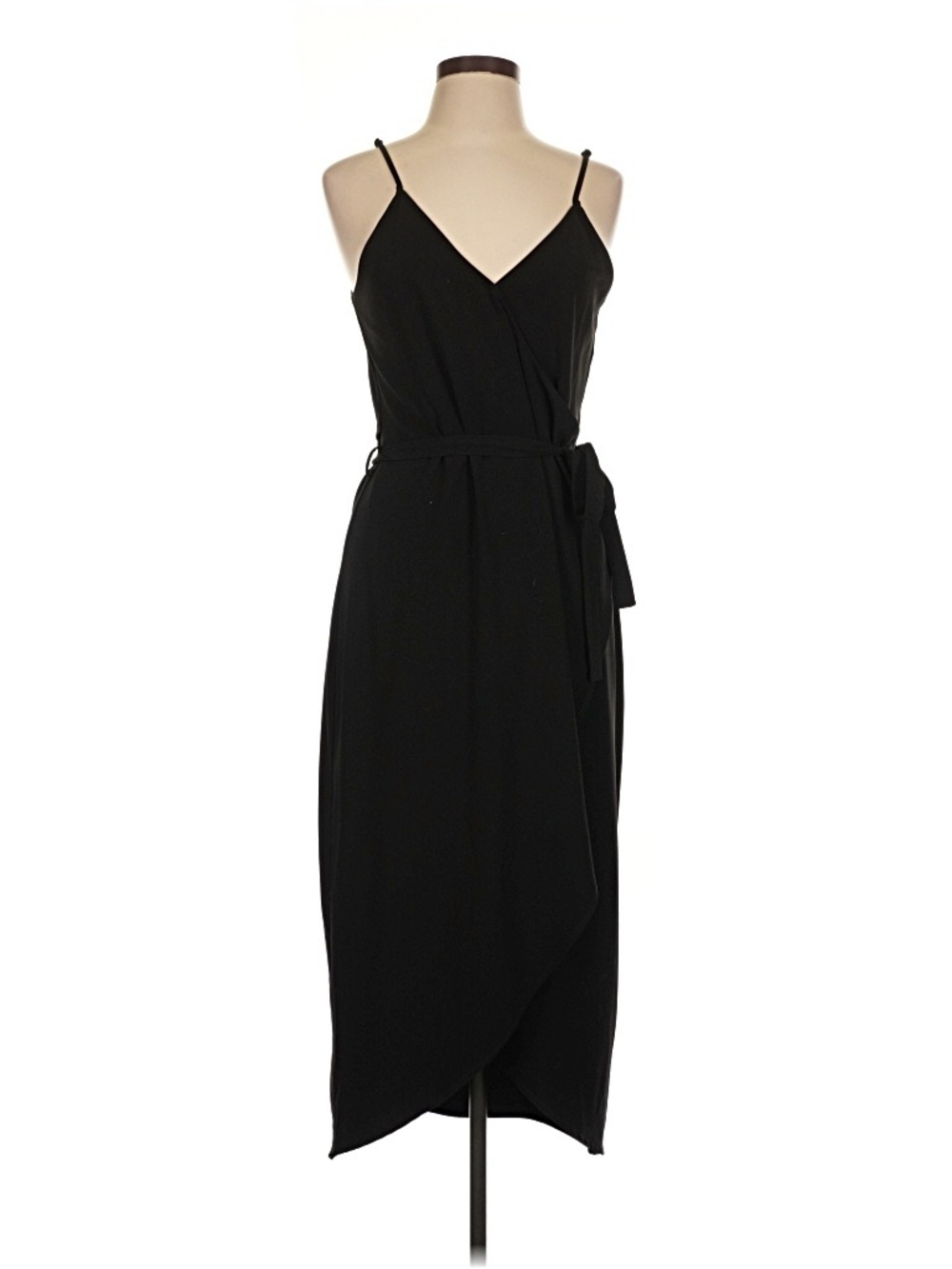Classic Black Midi Wrap Dress with Spaghetti Straps